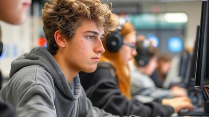 Poster - This Students concentrate on coding exercises in a classroom equipped with computers.
