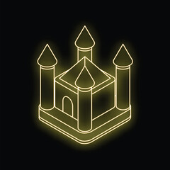 Poster - Neon bouncy castle glowing yellow on a black background, perfect for illustrating party entertainment