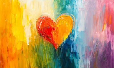 Wall Mural - Colorful painting with a rainbow background and a heart in the middle. The painting has a dreamy and whimsical mood