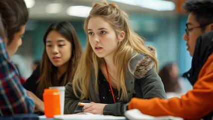 Poster - This group of university students engages in discussion and teamwork at a study table.