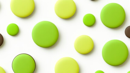 Poster - Pattern of green and brown circles on a white background. The circles are of different sizes and are arranged in a random manner. Scene is playful and whimsical