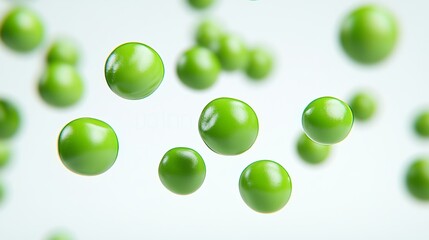 Wall Mural - Bunch of green peas are floating in the air. The peas are all different sizes and are scattered throughout the frame. The image has a light and airy feel to it