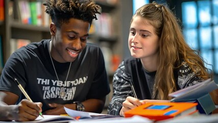 Poster - This boy and a girl focus on their studies while sharing notes at a table in a library.