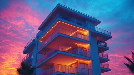 Poster - Beneath a stunning sunset, sleek modern buildings bask in warm light. Colorful hues paint the sky while illuminated balconies create an inviting atmosphere for evening relaxation
