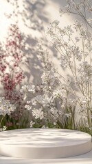 Aufkleber - Graceful white spring blooms elegantly frame a simple white podium, casting gentle shadows on a soft surface. Nature's beauty unfolds in a tranquil setting, inviting serene contemplation