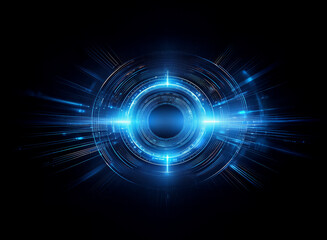 Fototapete - Abstract digital art depicting a glowing blue circular mechanism, radiating light and energy against a black background.  The concentric rings suggest technological advancement.