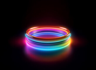 Aufkleber - Vibrant, multicolored neon rings glow intensely on a dark reflective surface, creating a captivating, circular light display.  The concentric circles suggest depth and energy.