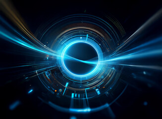 Poster - Abstract digital art depicting a glowing blue circular portal surrounded by streaks of light, suggesting futuristic technology and speed.