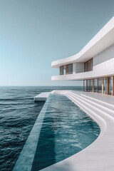 Poster - A large white house with a pool and a long white staircase. The pool is surrounded by water and the house is located near the ocean. Concept of luxury and relaxation. AI generated.