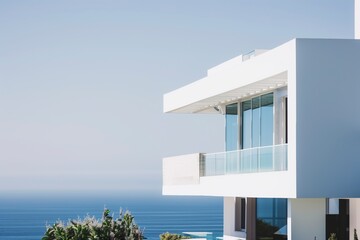 Poster - A large white house with a balcony overlooking the ocean. The house is situated on a hill overlooking the water, giving it a picturesque view. The balcony is open. AI generated.