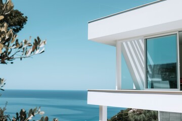 Poster - A white building with a balcony overlooking the ocean. The balcony has a large window that lets in a lot of natural light. The building is situated on a hill. AI generated.