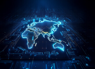 Poster - A glowing world map, digitally rendered, rests on a futuristic circuit board, suggesting global connectivity and technological advancement.  The blue and orange hues create a vibrant, high-tech aesthe