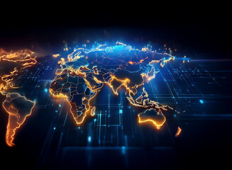 Fototapete - A glowing digital world map, showcasing global interconnectedness through illuminated lines representing data flow and communication networks.  The continents are outlined in vibrant orange and blue h