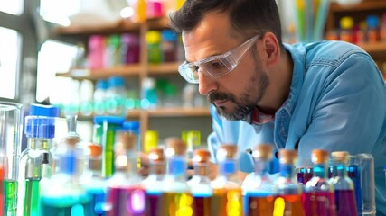 Poster - This focused scientist examines vibrant liquids in glass containers while conducting experiments.