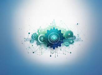 Poster - Abstract illustration depicting interconnected gears and network nodes, symbolizing technological synergy and global connectivity within a cloud-like formation.