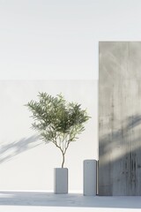 Aufkleber - A small tree is in a white vase next to two concrete pillars. The scene is simple and minimalistic, with the focus on the tree and the vase. AI generated.
