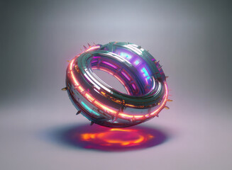 Aufkleber - A chrome, spiky sphere with vibrant neon inner rings glows on a light grey background.  Its metallic surface reflects light, creating a futuristic and energetic aesthetic.