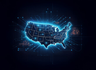 Glowing digital map of the United States, showing interconnected states with bright blue lines radiating outwards.  Represents technological connectivity and data flow across the nation.