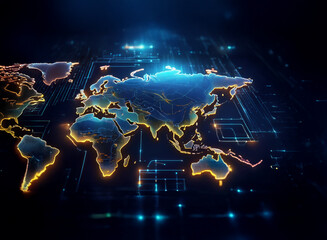 Leinwandbilder - A glowing digital world map is superimposed on a circuit board, illustrating global connectivity and technological advancement.  The image showcases a futuristic vision of interconnectedness.