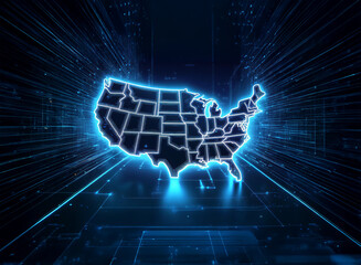 Poster - Glowing digital map of the United States, set against a futuristic, abstract background of light trails and grid lines.  The image evokes themes of technology, connectivity, and national infrastructur