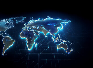 Poster - Glowing world map digitally rendered,  circuit board design underneath, highlighting global connectivity and digital technology.