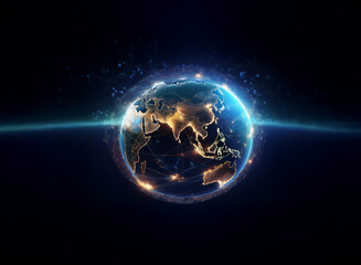 Aufkleber - A glowing, digital Earth hangs in the inky blackness of space, illuminated by city lights and energy streams.  Connections between continents are emphasized.