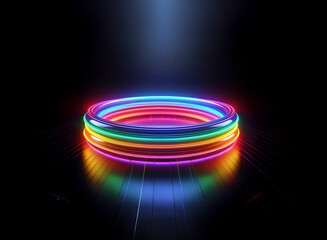 Aufkleber - A vibrant, rainbow-hued neon ring illuminates a dark, reflective floor.  The circular light creates a mesmerizing, futuristic display.