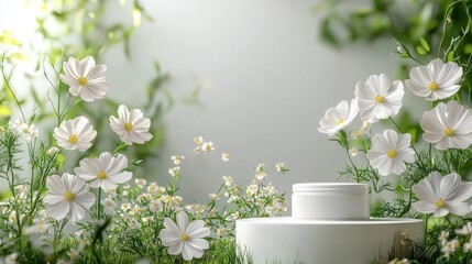 Poster - A serene garden of delicate white spring flowers surrounds a podium product, showcasing nature's elegance and simplicity in a tranquil atmosphere
