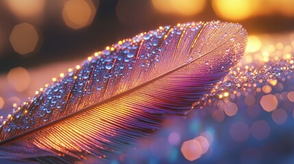 Poster - vibrant feather adorned with water droplets glistens in warm sunset light. generative ai