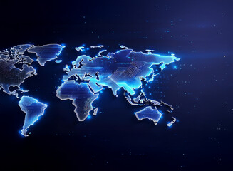 Poster - Glowing digital world map, showcasing global connectivity and data flow.  Nodes illuminate major regions, depicting international communication and technology.
