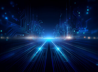 Fototapete - Abstract digital highway, glowing blue circuits forming a futuristic road vanishing into the darkness.  Represents technological advancement and connectivity.