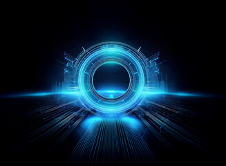 Aufkleber - Glowing blue circular portal, futuristic tech design, digital interface, dark background, abstract energy.  Lines radiate from center.
