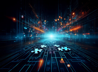 Aufkleber - Abstract digital landscape, glowing circuit pathways converging towards a bright light source.  Puzzle pieces lie at the vanishing point, suggesting solutions or connections.  Future, technology, inno
