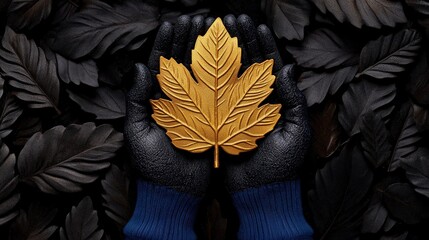 golden leaf in black: a pair of hands, adorned in blue gloves, gently cradles a striking gold maple 