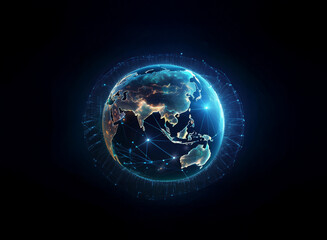 Fototapete - A glowing digital Earth, encircled by a network of interconnected nodes, representing global communication and data flow.  The dark background emphasizes the interconnectedness.