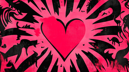 Poster - Vibrant heart design with animal silhouettes on a textured pink and black background