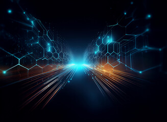 Aufkleber - Abstract digital art depicting a glowing highway of hexagonal patterns and light streaks, representing technological advancement and connectivity in a dark futuristic setting.