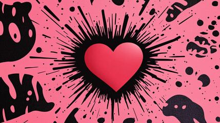 Poster - Vibrant pink and black heart design with bold splashes and abstract animal silhouettes