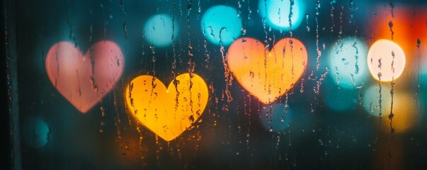 Wall Mural - Colorful heart shaped bokeh lights with rain droplets on a window at night