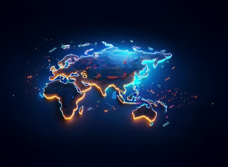 Aufkleber - Glowing neon world map, digitally rendered, showcasing continents with vibrant blue and orange outlines.  Intricate details illuminate global connectivity.