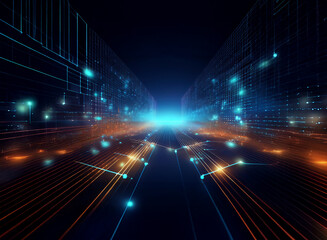 Poster - Abstract digital landscape, glowing pathways of interconnected nodes and circuits receding into a bright horizon.  A futuristic, technological scene.