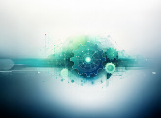 Fototapete - Abstract teal and blue digital art depicting interconnected gears, suggesting technological innovation and precision engineering.  A blend of soft watercolor and sharp lines creates a dynamic visual.