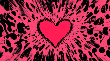 Poster - Vibrant pink heart with abstract black splash pattern and artistic texture
