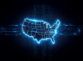 Poster - Glowing digital map of the United States, showcasing a futuristic network connection across the country.  Data streams and grid patterns emphasize technological infrastructure.