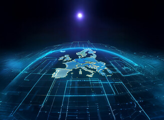 Aufkleber - A futuristic digital map of Europe, glowing with vibrant blue energy lines, is displayed on a dark, technological background. A bright light source illuminates the scene from above, emphasizing the co