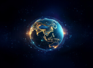 Fototapete - A stylized Earth, glowing with interconnected nodes, represents global communication and networking.  The planet is depicted with a digital, futuristic aesthetic, highlighting connections across conti