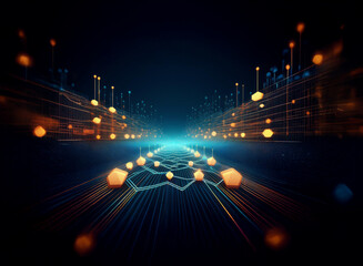 Fototapete - Abstract digital landscape. Glowing hexagons and lines converge in a futuristic, data-driven pathway.  The scene evokes a sense of technological advancement and connectivity.