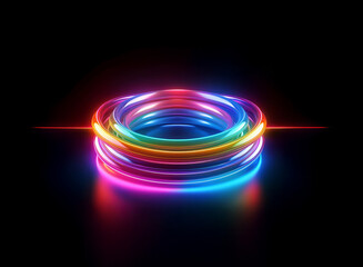 Aufkleber - Vibrant, concentric neon rings glow brightly against a stark black background, reflecting light on a polished surface.  The rings display a spectrum of colors, creating a mesmerizing visual effect.