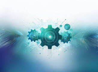 Fototapete - Abstract digital illustration of interconnected gears, representing technological synergy and complex systems.  The design features teal and blue hues on a blurred background.