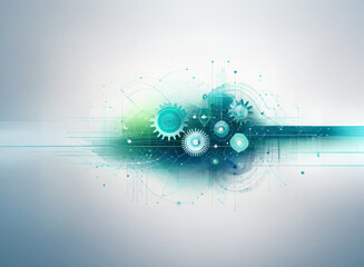 Fototapete - Abstract digital illustration of interconnected gears and network nodes, suggesting technological synergy and complex systems.  The color palette is cool-toned, emphasizing a sense of technological ad